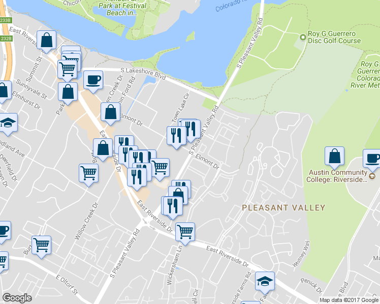 map of restaurants, bars, coffee shops, grocery stores, and more near 4474 Elmont Drive in Austin