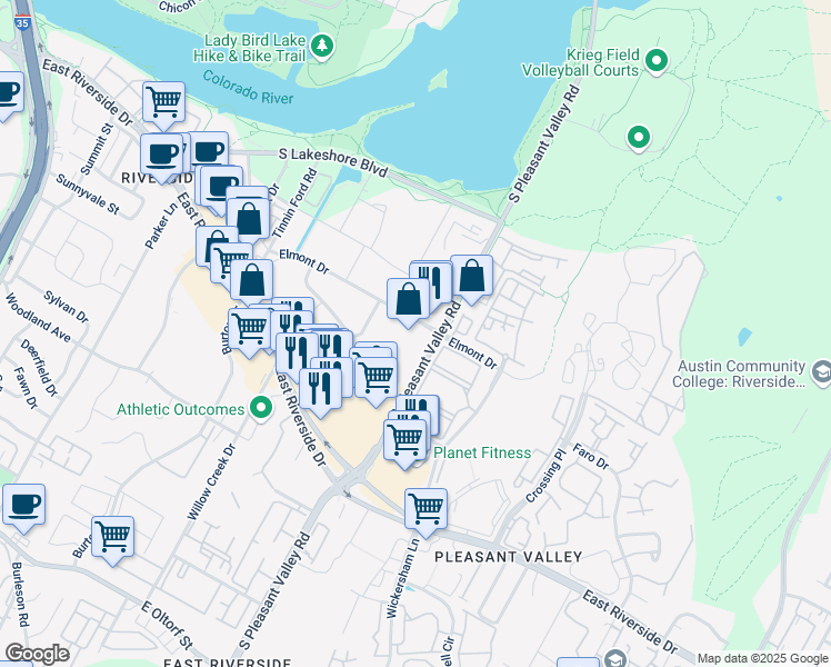 map of restaurants, bars, coffee shops, grocery stores, and more near 2515 Elmont Drive in Austin