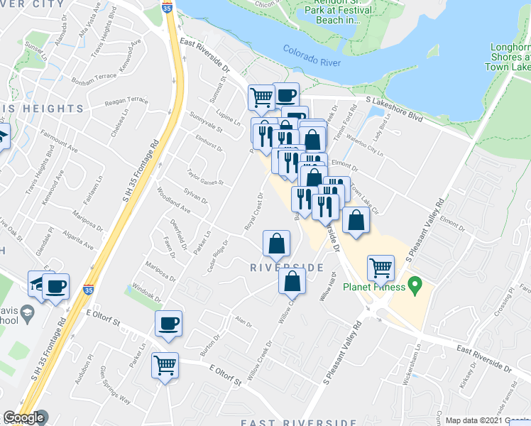 map of restaurants, bars, coffee shops, grocery stores, and more near 1601 Royal Crest Drive in Austin