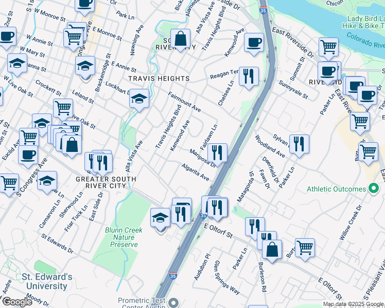 map of restaurants, bars, coffee shops, grocery stores, and more near 1119 Mariposa Drive in Austin