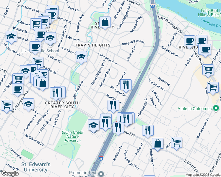 map of restaurants, bars, coffee shops, grocery stores, and more near 1119 Mariposa Drive in Austin