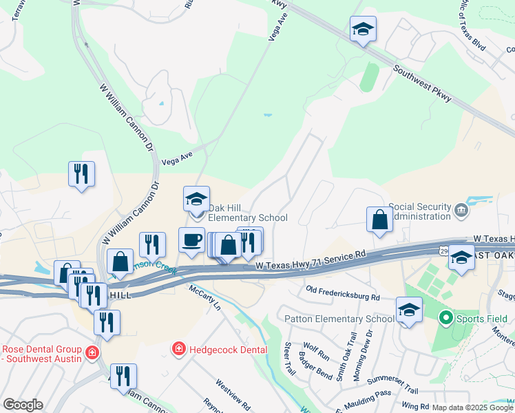 map of restaurants, bars, coffee shops, grocery stores, and more near 6104 Parkwood Drive in Austin