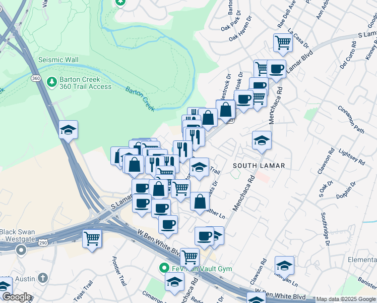 map of restaurants, bars, coffee shops, grocery stores, and more near 3800 South Lamar Boulevard in Austin