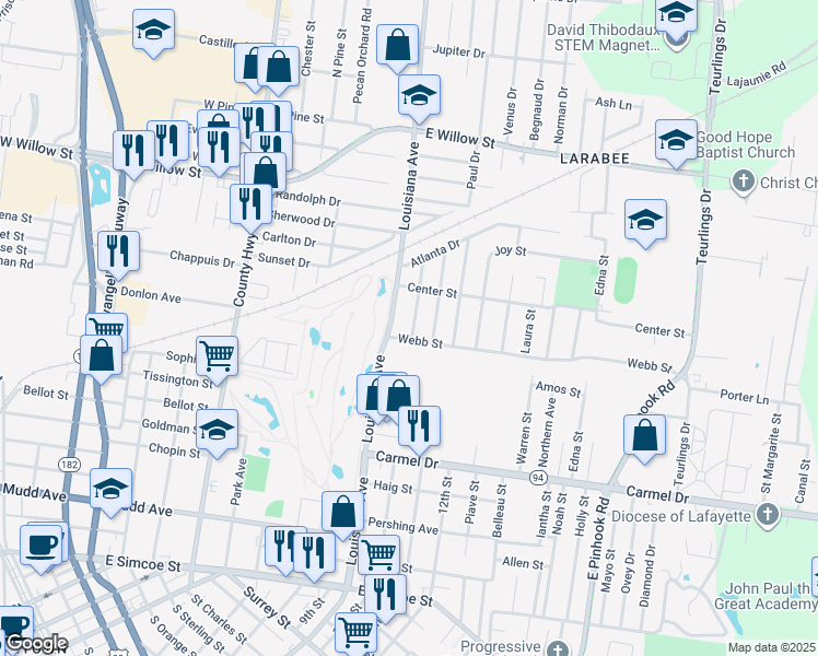 map of restaurants, bars, coffee shops, grocery stores, and more near 1600 Louisiana Avenue in Lafayette