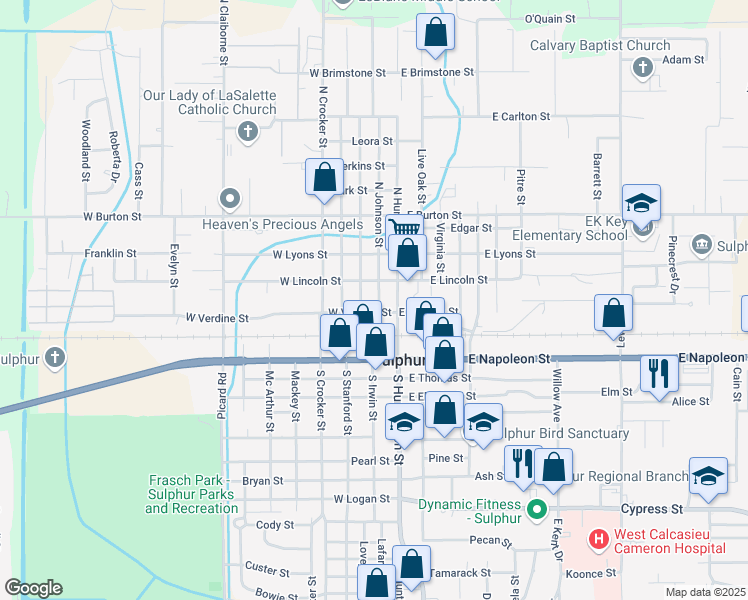 map of restaurants, bars, coffee shops, grocery stores, and more near 101 North Huntington Street in Sulphur