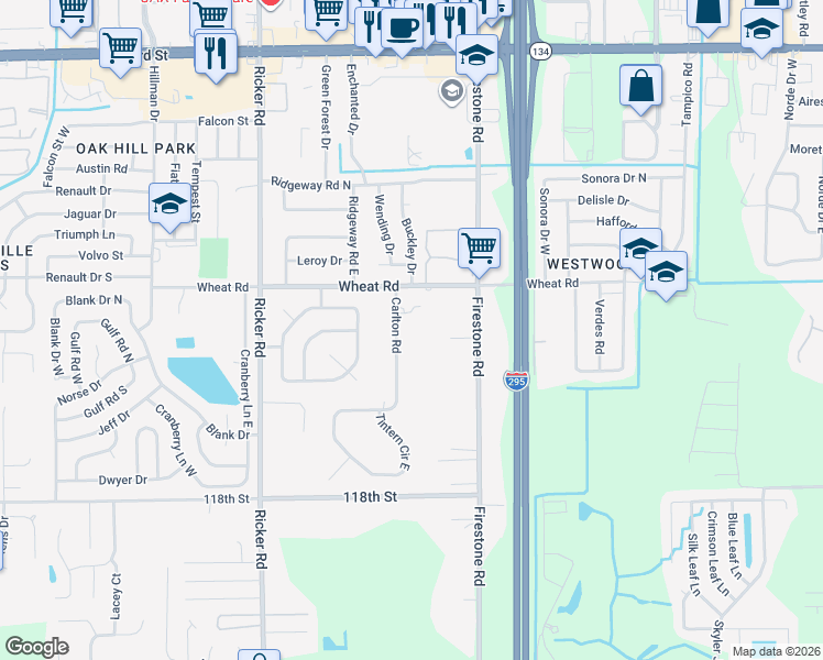map of restaurants, bars, coffee shops, grocery stores, and more near 6135 Carlton Road in Jacksonville