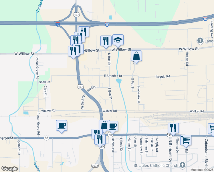 map of restaurants, bars, coffee shops, grocery stores, and more near 100 Saul Drive in Scott