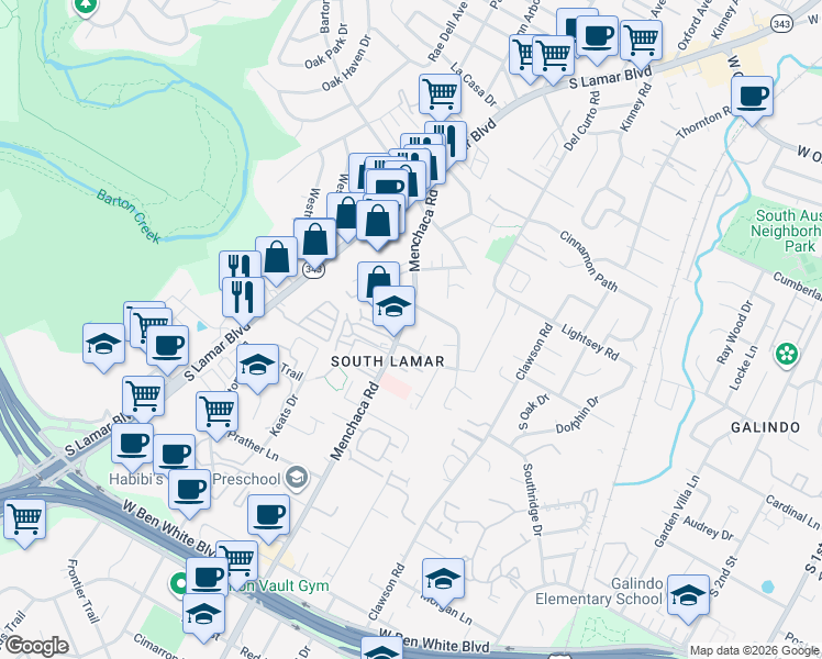 map of restaurants, bars, coffee shops, grocery stores, and more near 3415 Menchaca Road in Austin