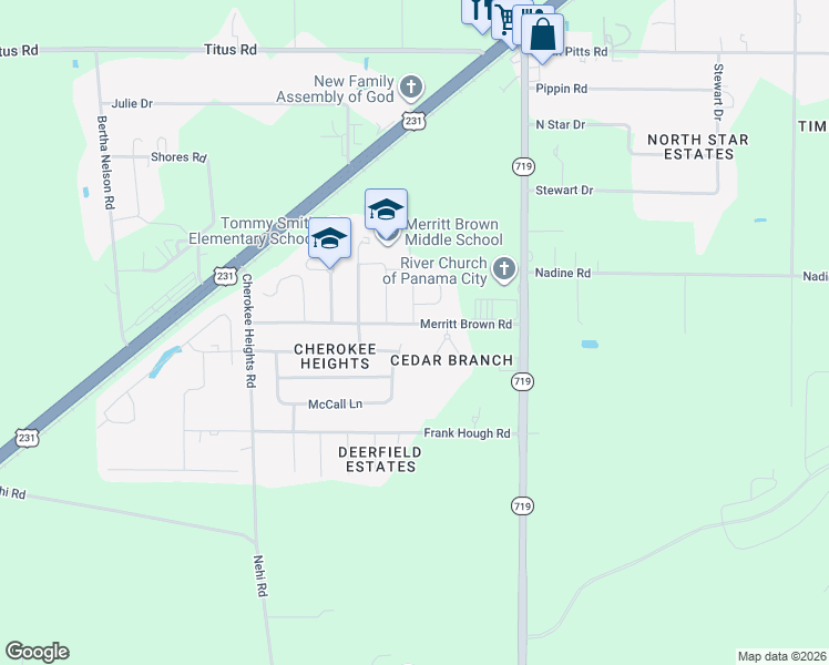 map of restaurants, bars, coffee shops, grocery stores, and more near 5618 Merritt Brown Road in Panama City