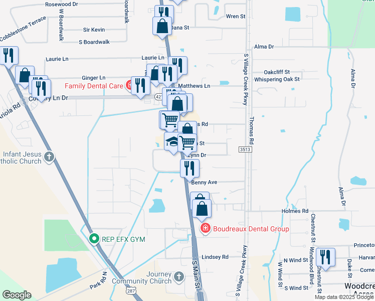 map of restaurants, bars, coffee shops, grocery stores, and more near 921 South Main Street in Lumberton