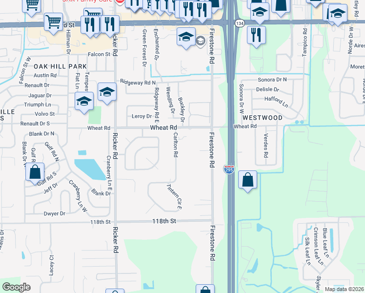 map of restaurants, bars, coffee shops, grocery stores, and more near 6135 Carlton Road in Jacksonville