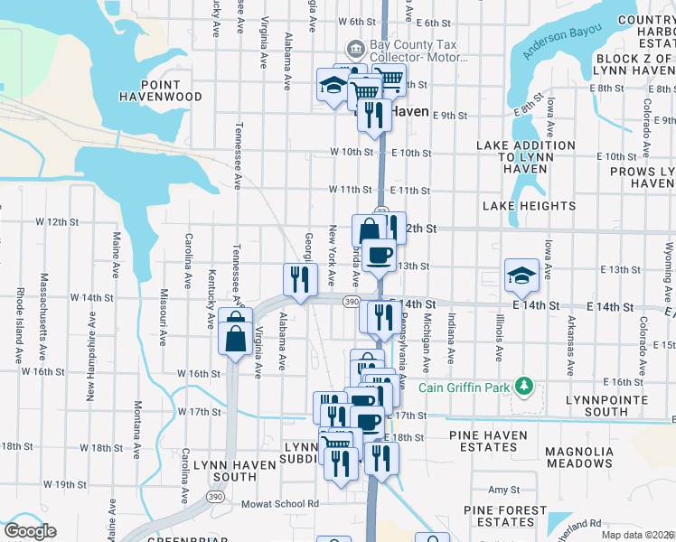 map of restaurants, bars, coffee shops, grocery stores, and more near 1310 New York Avenue in Lynn Haven