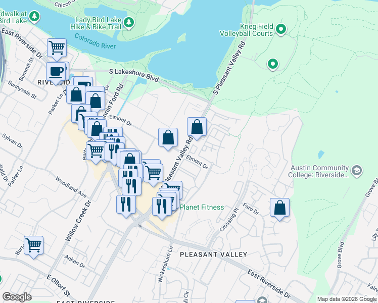 map of restaurants, bars, coffee shops, grocery stores, and more near 4474 Elmont Drive in Austin
