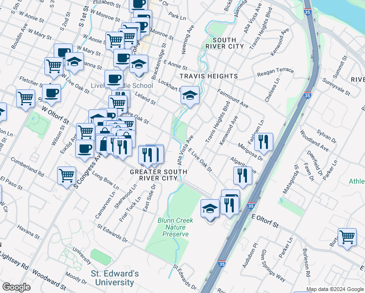 map of restaurants, bars, coffee shops, grocery stores, and more near 903 East Live Oak Street in Austin