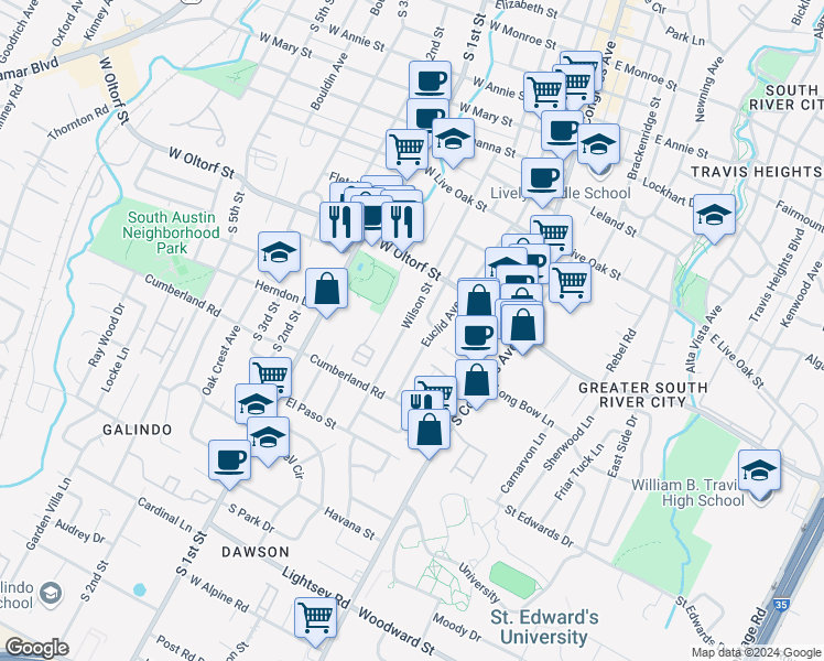 map of restaurants, bars, coffee shops, grocery stores, and more near 2507 Wilson Street in Austin