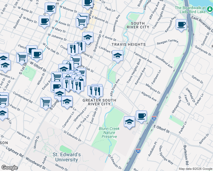 map of restaurants, bars, coffee shops, grocery stores, and more near 2209 East Side Drive in Austin