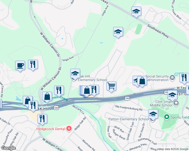map of restaurants, bars, coffee shops, grocery stores, and more near 6104 Parkwood Drive in Austin