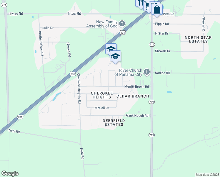 map of restaurants, bars, coffee shops, grocery stores, and more near 5602 Merritt Brown Road in Panama City