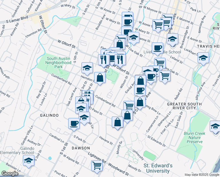 map of restaurants, bars, coffee shops, grocery stores, and more near 2602 Wilson Street in Austin