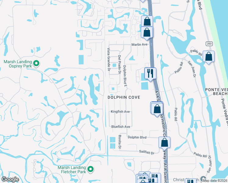 map of restaurants, bars, coffee shops, grocery stores, and more near 14 Ponte Vedra Court in Ponte Vedra