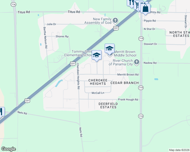 map of restaurants, bars, coffee shops, grocery stores, and more near 5510 Merritt Brown Road in Panama City