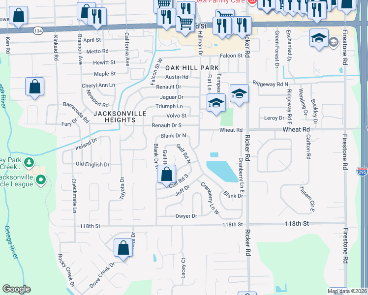 map of restaurants, bars, coffee shops, grocery stores, and more near 6062 Gulf Road South in Jacksonville