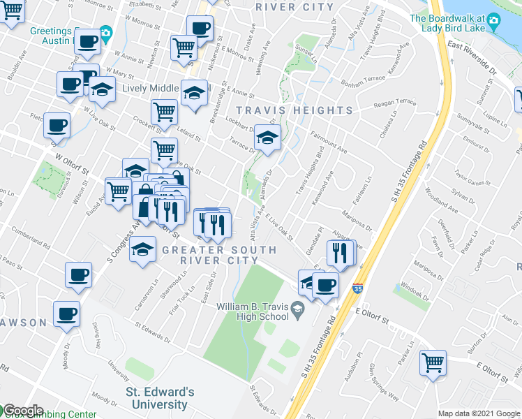 map of restaurants, bars, coffee shops, grocery stores, and more near Alta Vista Avenue & East Live Oak Street in Austin