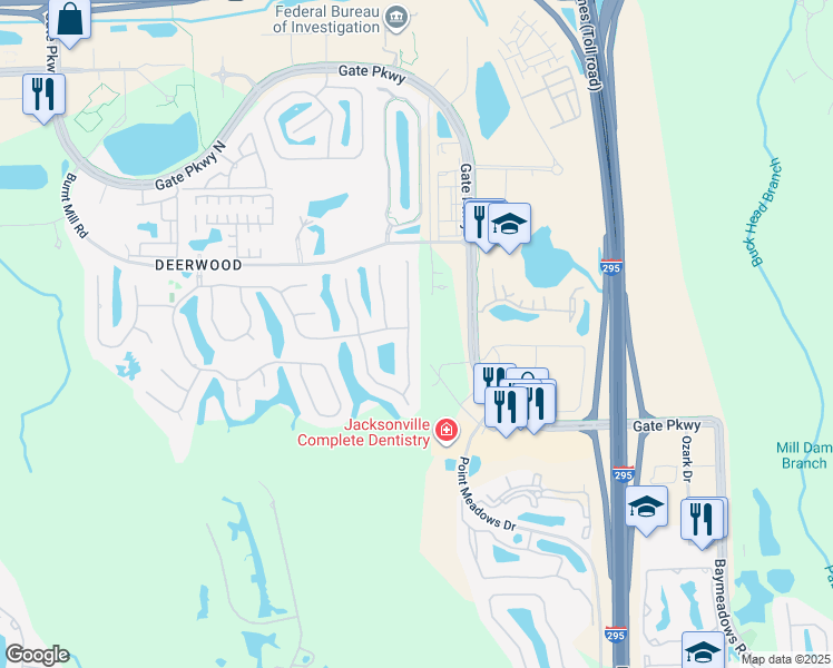 map of restaurants, bars, coffee shops, grocery stores, and more near 7709 Crosstree Lane in Jacksonville