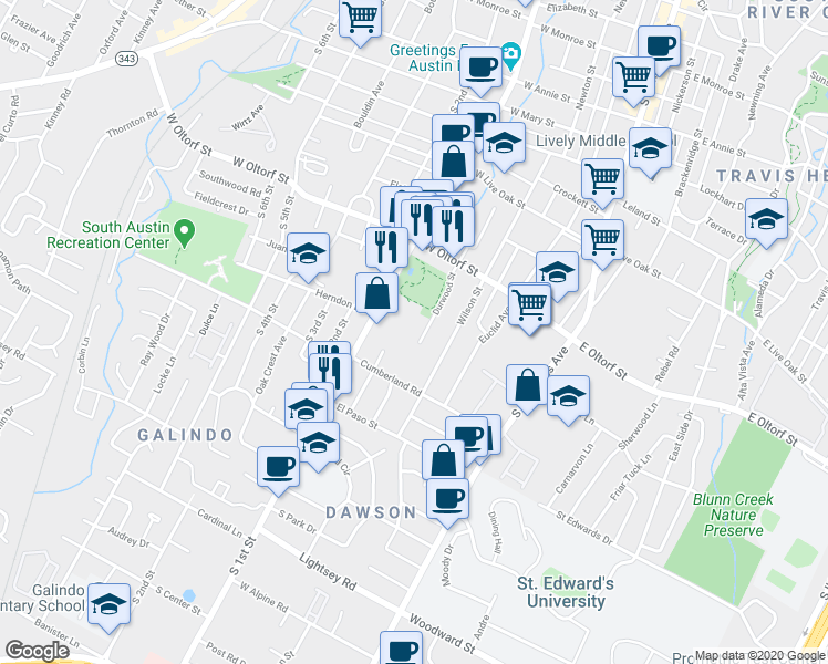 map of restaurants, bars, coffee shops, grocery stores, and more near 2602 Wilson Street in Austin