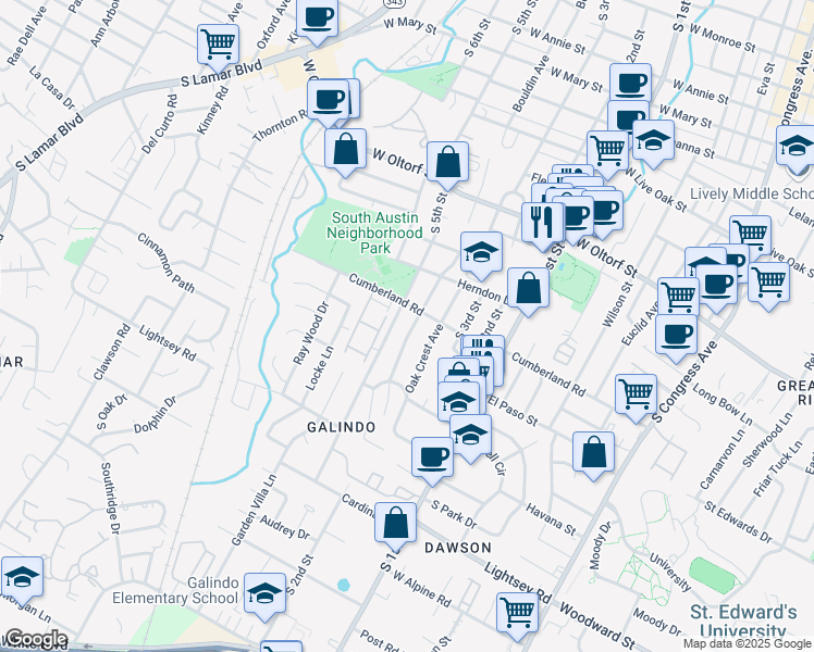 map of restaurants, bars, coffee shops, grocery stores, and more near 2801 South 4th Street in Austin