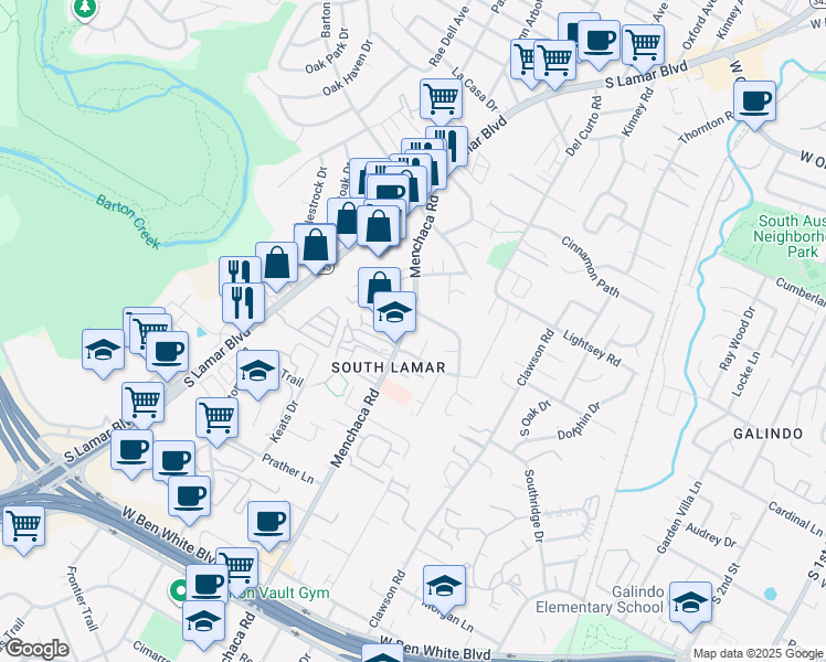 map of restaurants, bars, coffee shops, grocery stores, and more near 3506 Larchmont Cove in Austin
