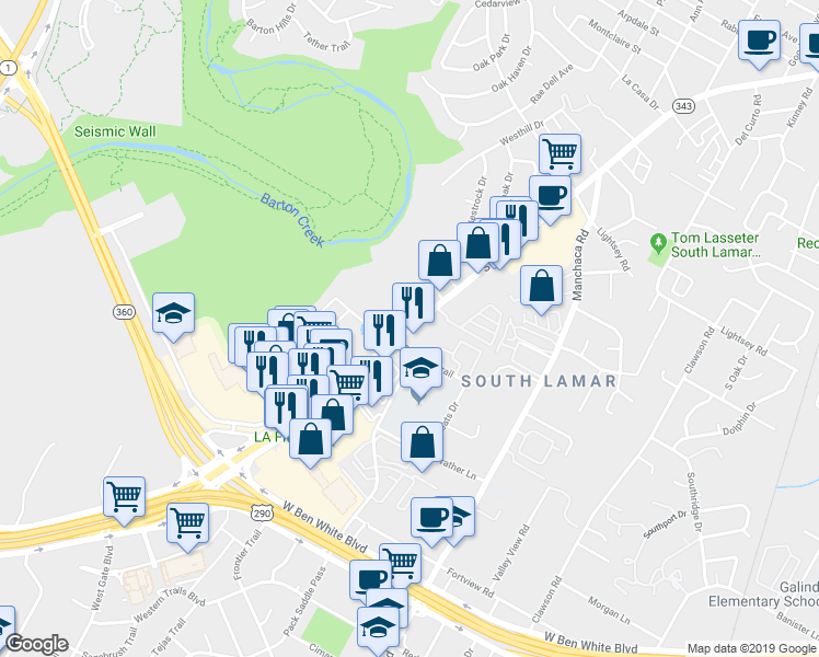 map of restaurants, bars, coffee shops, grocery stores, and more near 3800 South Lamar Boulevard in Austin