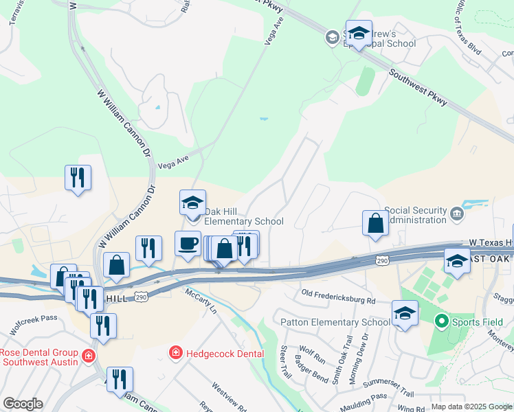 map of restaurants, bars, coffee shops, grocery stores, and more near 6104 Parkwood Drive in Austin