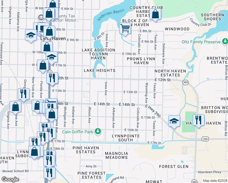 map of restaurants, bars, coffee shops, grocery stores, and more near Arkansas Avenue in Lynn Haven