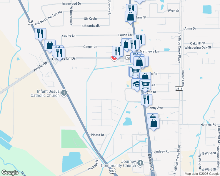 map of restaurants, bars, coffee shops, grocery stores, and more near 102 Jorden Gage Lane in Lumberton