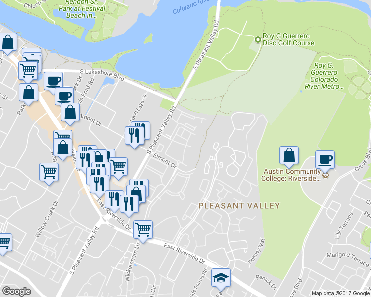 map of restaurants, bars, coffee shops, grocery stores, and more near 1225 South Pleasant Valley Road in Austin