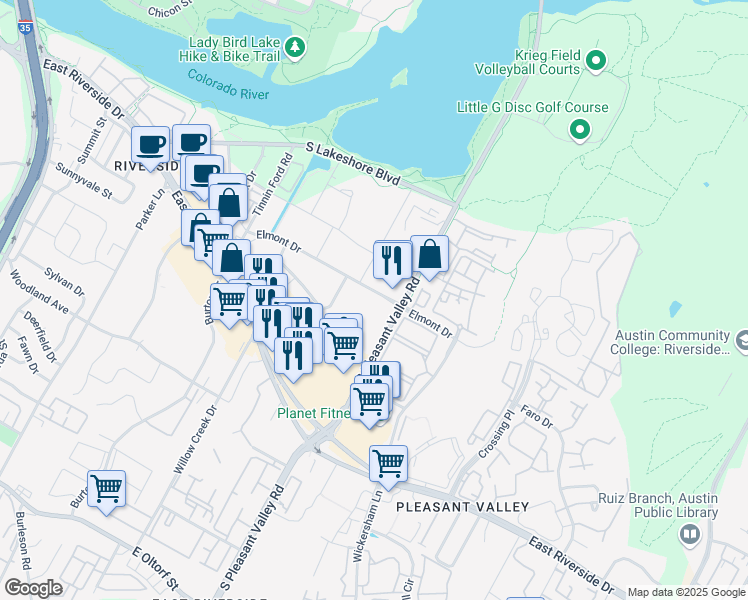 map of restaurants, bars, coffee shops, grocery stores, and more near 2515 Elmont Drive in Austin