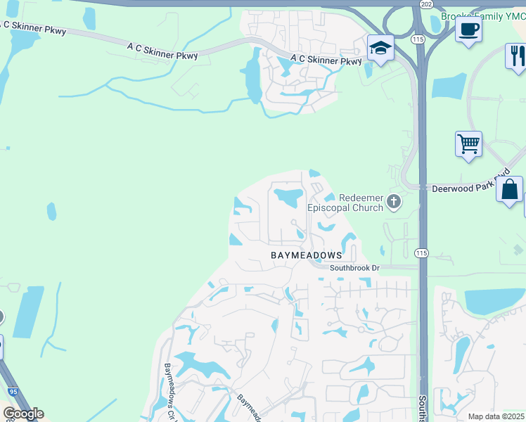 map of restaurants, bars, coffee shops, grocery stores, and more near 9543 Thornaby Lane in Jacksonville