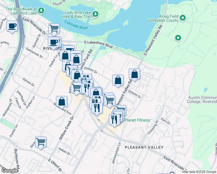 map of restaurants, bars, coffee shops, grocery stores, and more near 2439 Town Lake Circle in Austin
