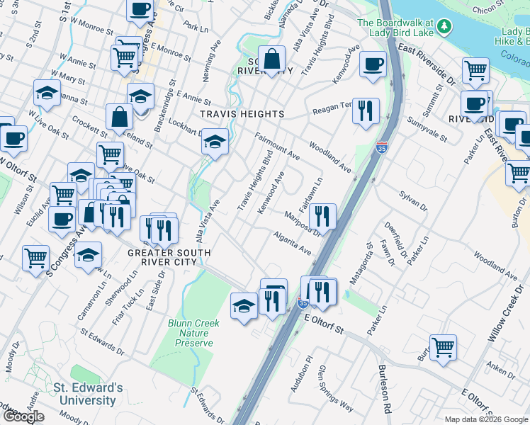 map of restaurants, bars, coffee shops, grocery stores, and more near 1106 Algarita Avenue in Austin