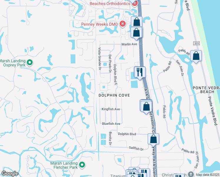 map of restaurants, bars, coffee shops, grocery stores, and more near 71 Dolphin Boulevard East in Ponte Vedra Beach
