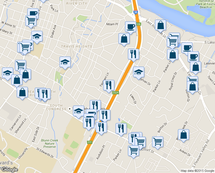 map of restaurants, bars, coffee shops, grocery stores, and more near 1304 Mariposa Drive in Austin