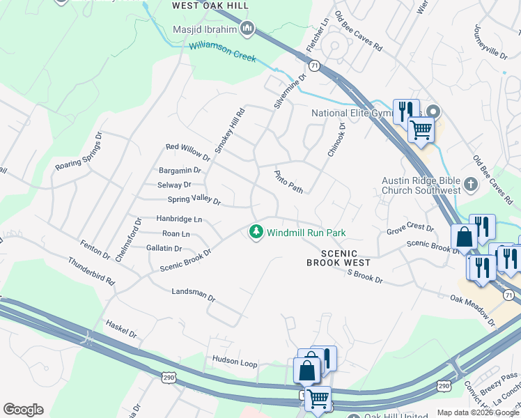 map of restaurants, bars, coffee shops, grocery stores, and more near 8103 Current Circle in Austin