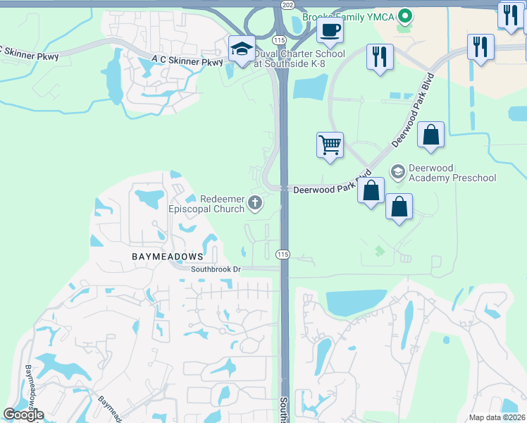 map of restaurants, bars, coffee shops, grocery stores, and more near 7500 Southside Boulevard in Jacksonville