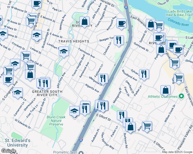 map of restaurants, bars, coffee shops, grocery stores, and more near 1304 Mariposa Drive in Austin