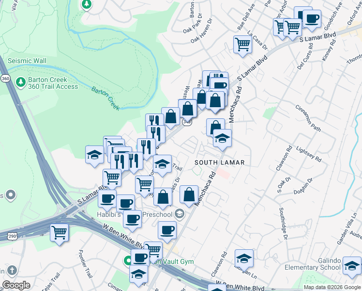 map of restaurants, bars, coffee shops, grocery stores, and more near 2200 Panther Trail in Austin