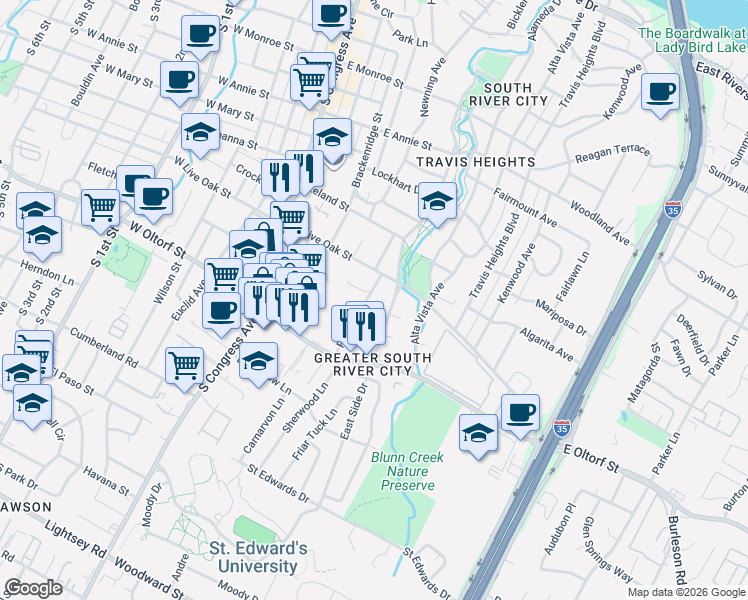 map of restaurants, bars, coffee shops, grocery stores, and more near 2211 Rebel Road in Austin