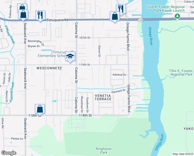 map of restaurants, bars, coffee shops, grocery stores, and more near 6072 Davon Street in Jacksonville