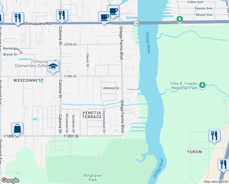 map of restaurants, bars, coffee shops, grocery stores, and more near 6136 Ortega Farms Boulevard in Jacksonville