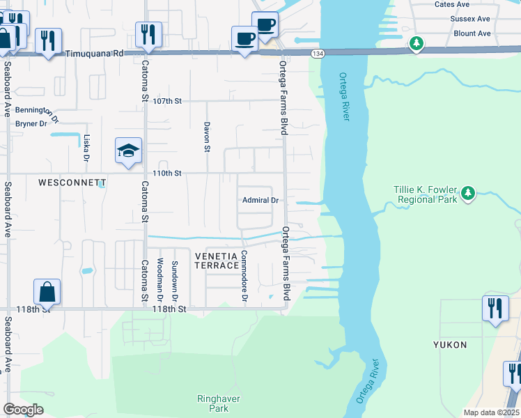 map of restaurants, bars, coffee shops, grocery stores, and more near 5119 Corsair Avenue in Jacksonville